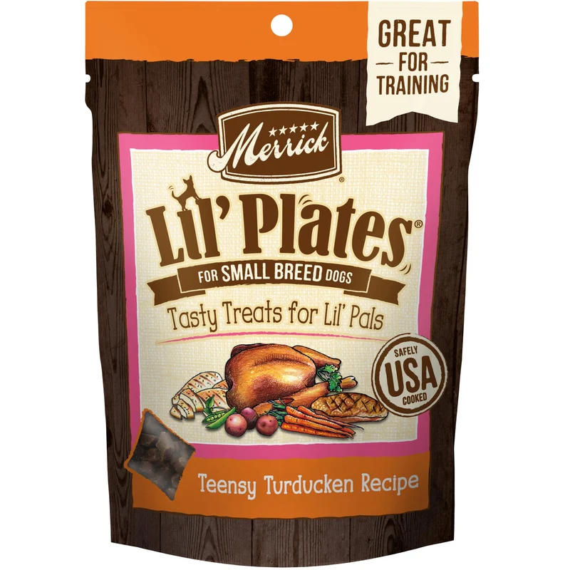 Merrick Lil’ Plates Teensy Turducken — Friandises sans céréales pour petits chiens (sachet 140 g)