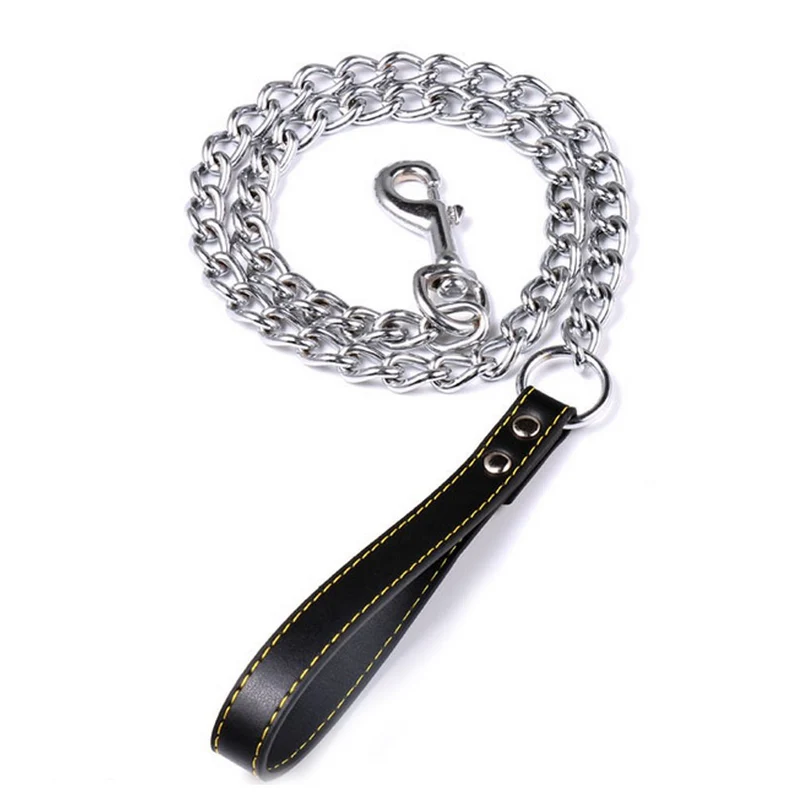 SGODA Laisse en chaîne pour chien avec poignée en cuir – 4 pieds noir