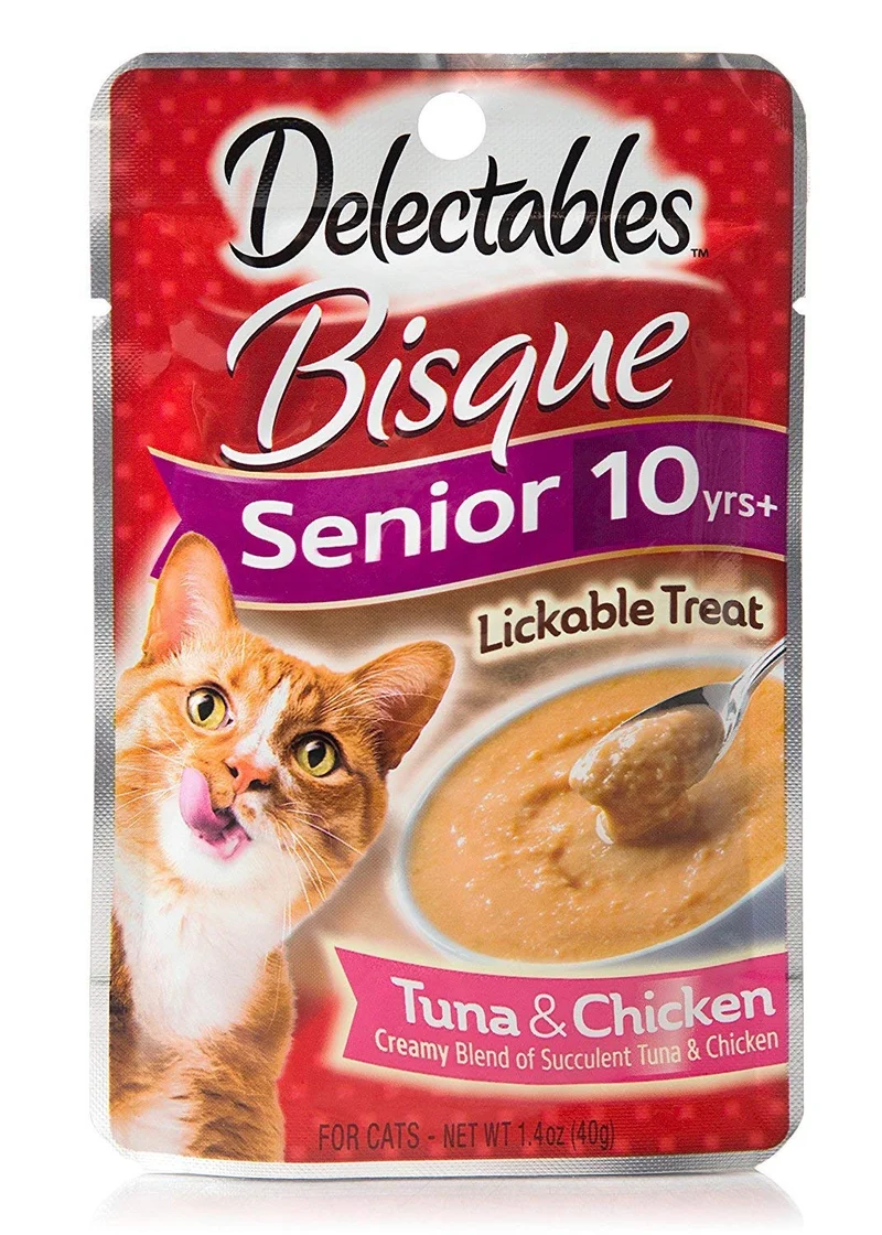 Delectables Hartz Bisque Senior – Friandises Lickables pour Chat (Thon/Poulet), 4 Sachets