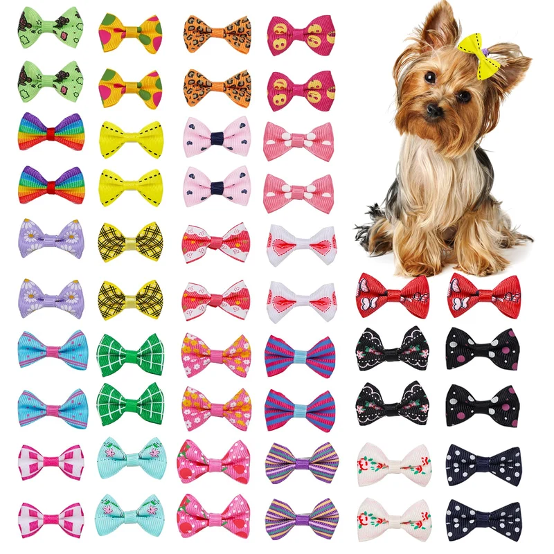 Chenkou Craft: 50 pièces (25 paires) de nœuds pour chien Yorkshire Terrier avec clips, couleurs et motifs variés