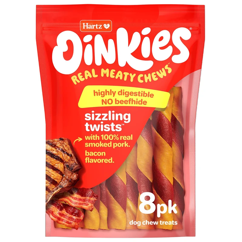 Hartz Oinkies Torsades Bacon – Friandise naturelle sans peau de bœuf pour chien, 8 pièces