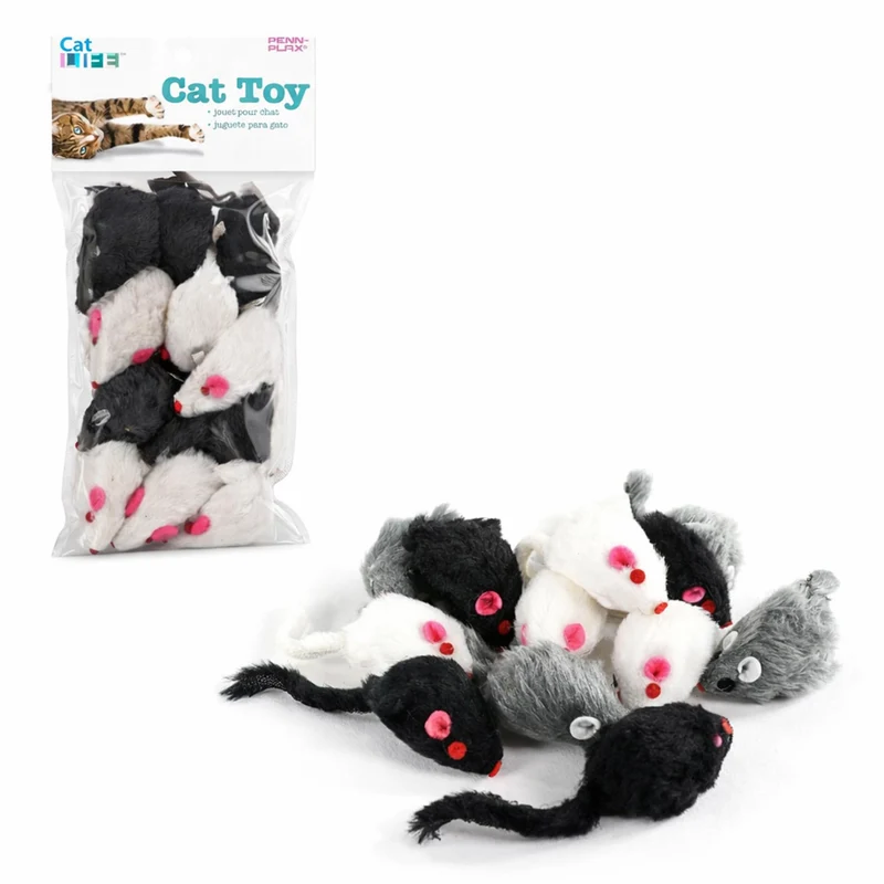 Penn-Plax Souris Peluche pour Chat – Lot de 12, 2 pouces, Sons cliquetants, Noir/Blanc/Gris