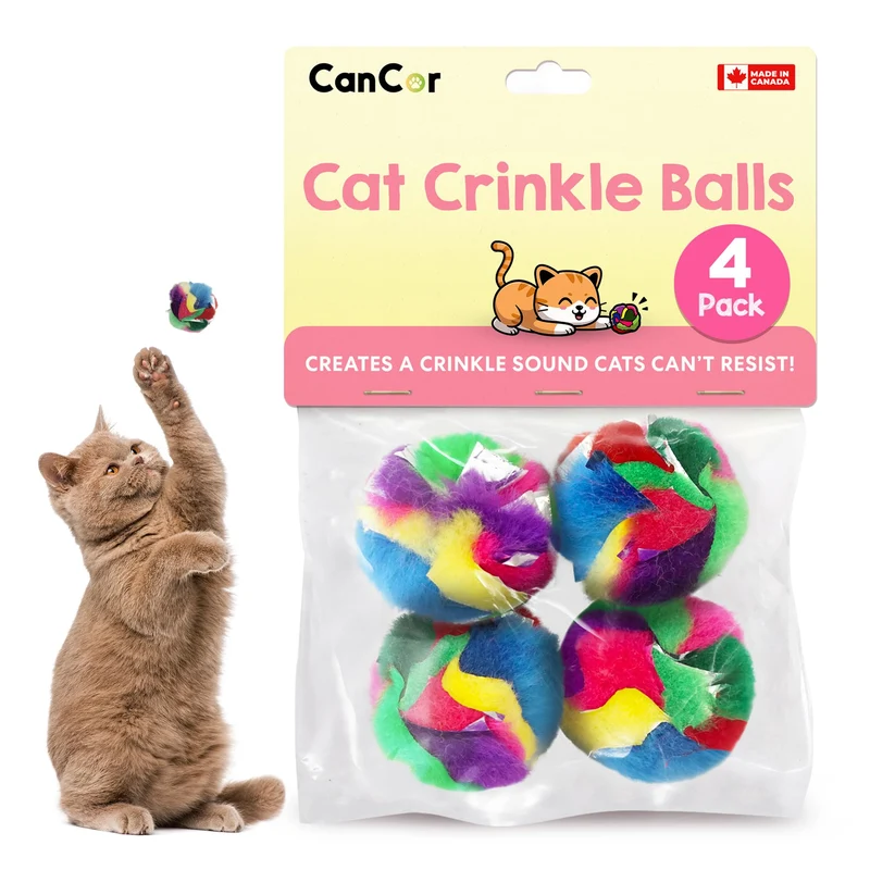 Cancor Innovations - Boules Crinkle Chat 1,5 pouces - Lot de 4 - Jouets d’intérieur légers et durables avec bruit crinkle