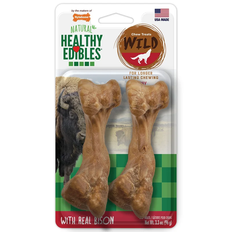 Nylabone Healthy Edibles WILD – Os à mâcher naturels au bison pour chien, longue durée, taille moyenne (2 pièces)
