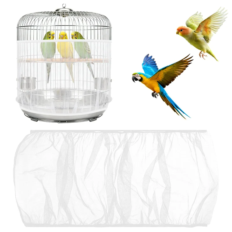 Clofiak Couverture de cage pour oiseaux – Circonférence 40-68 po, filet anti-graines blanc, ajustable pour cages rondes et carrées