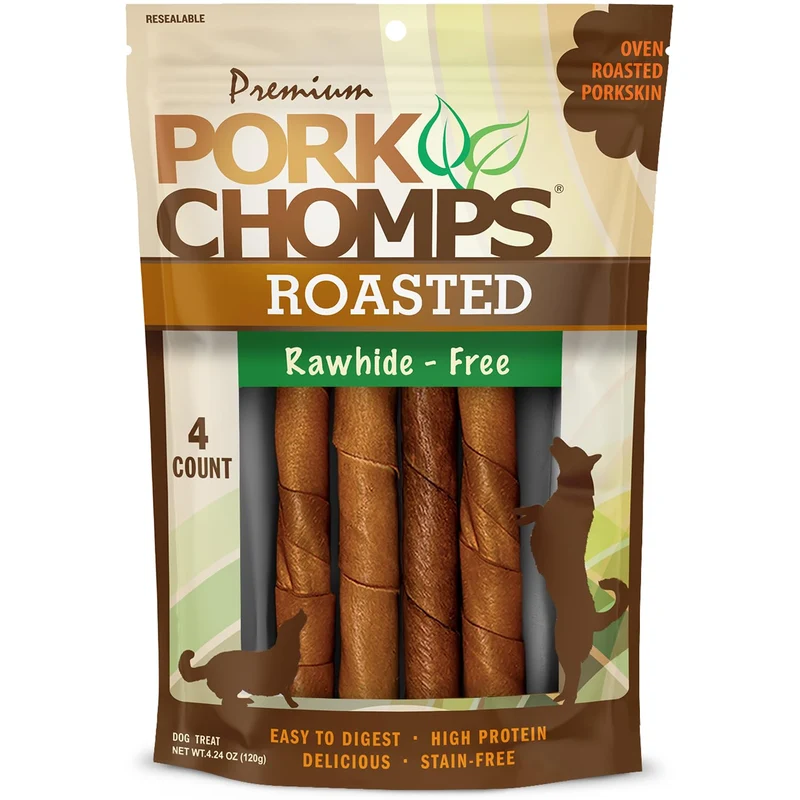 Pork Chomps – Torsades de peau de porc rôtie pour chiens, 15 cm, 4 pièces – sans cuir brut, protéines élevées