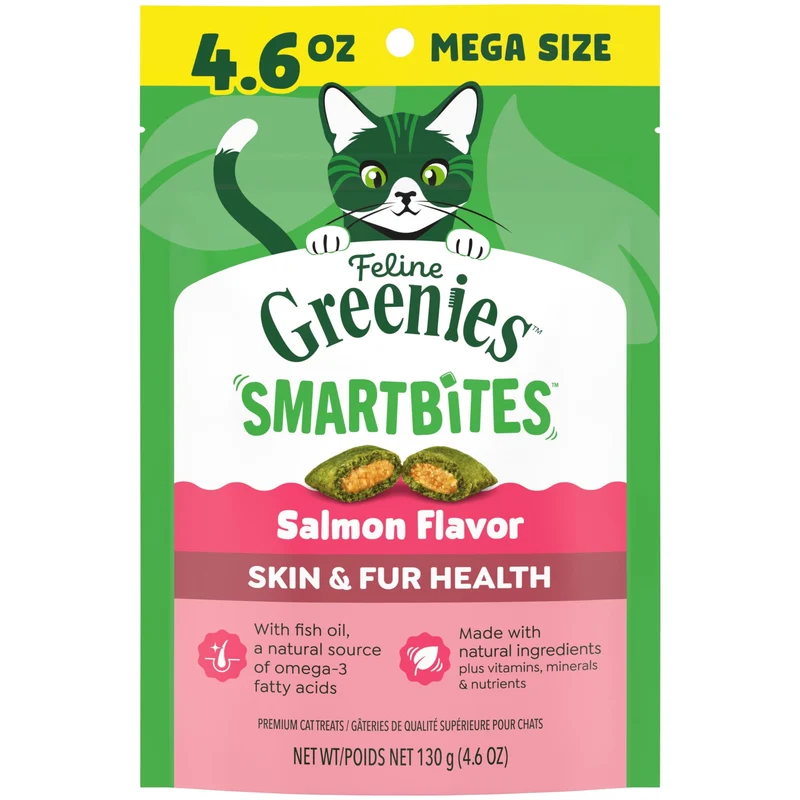 Friandises Greenies pour chats – Feline Smartbites Skin & Fur au saumon, croquant et moelleux, 4,6 oz