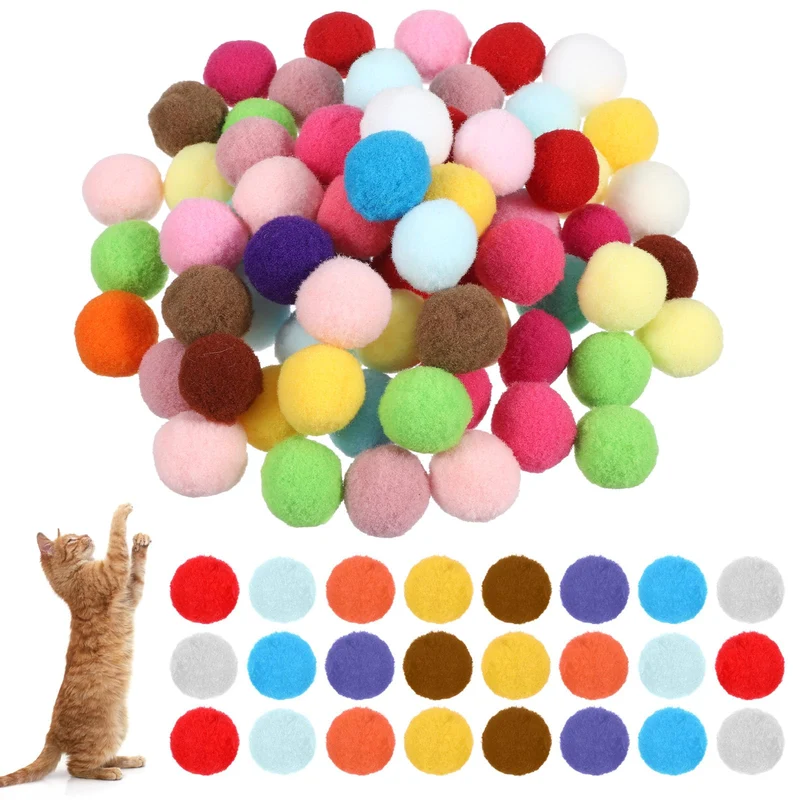 Ouligay – 70 Balles Pom Pom Silencieuses pour Chat – Balles Colorées Douces et Légères (1 pouce)