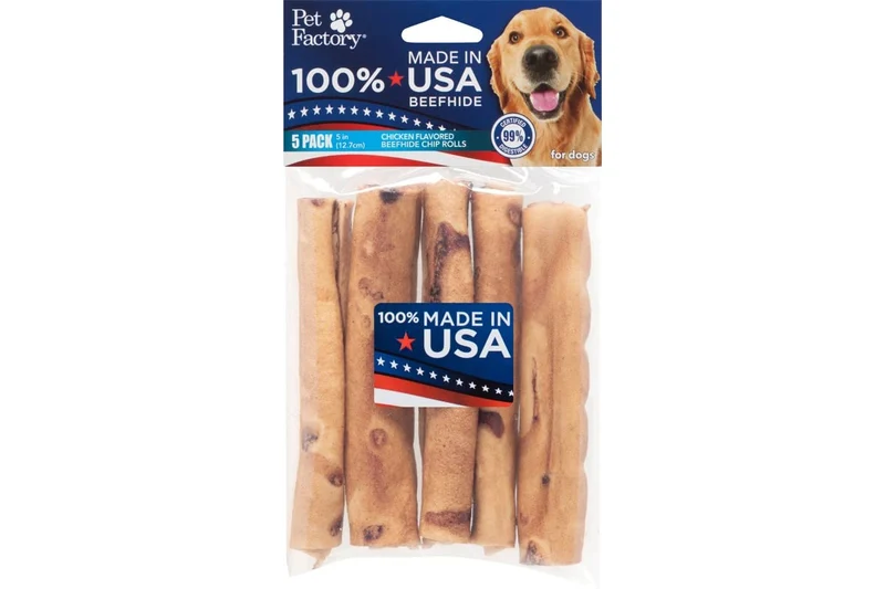 Pet Factory – Rouleaux en cuir de boeuf goût poulet, 5 rouleaux, 100% fabriqué aux Etats-Unis