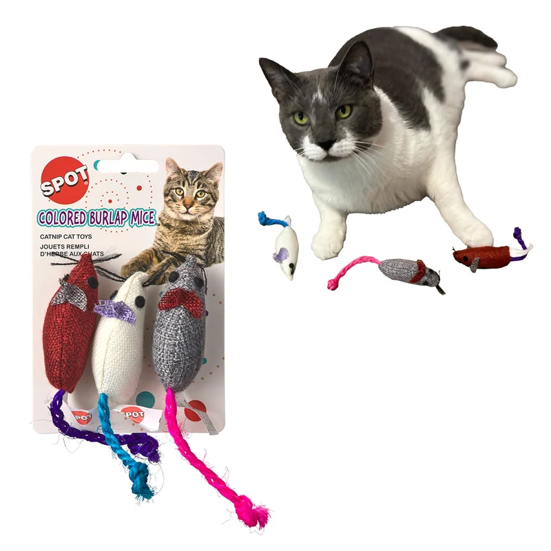 SPOT Souris en Jute — Jouets interactifs pour Chats, Lot de 3 (3 pouces, Couleurs assorties)