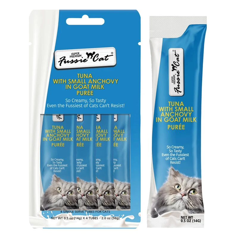 Fussie Cat Premium Thon avec Anchois en Purée Lait de Chèvre – Friandises à lécher 4×0,5oz