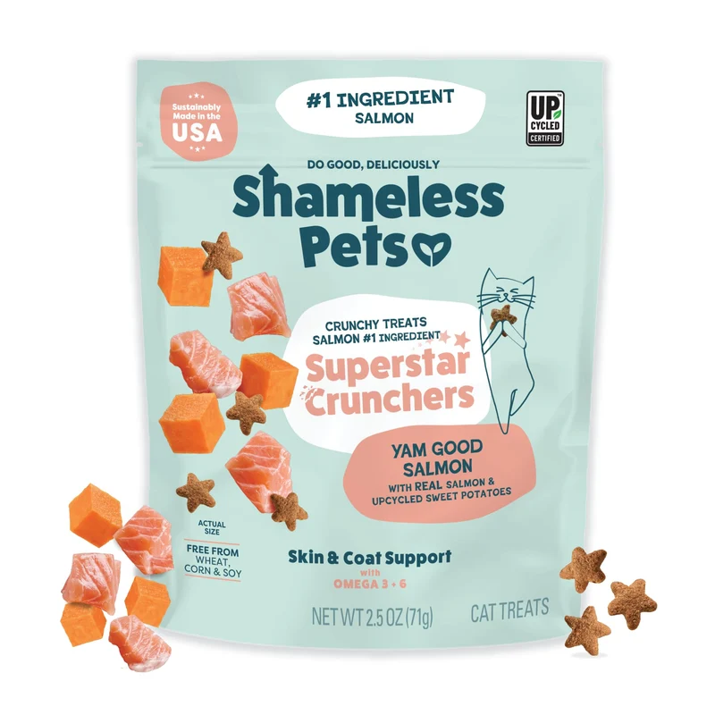 Shameless Pets Friandises croustillantes pour chat – Soin peau et pelage au saumon réel, ingrédients naturels – Yam Good Salmon, 1 sachet