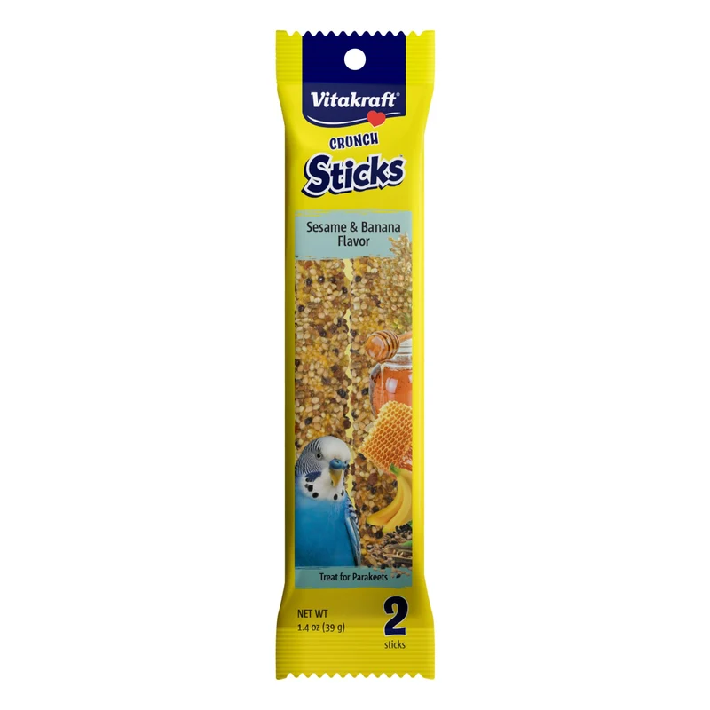 Vitakraft Crunch Sticks pour Perruche – 2 Bâtons Saveur Sésame et Banane, Triple Cuisson, Cœur en Bois, Vitamines et Minéraux, Clip Cage