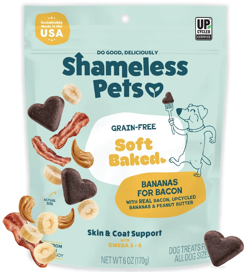 Shameless Pets Bananas for Bacon – Biscuits Soft-Baked Sans céréales, Oméga 3 & 6, Fabriqué aux États‑Unis