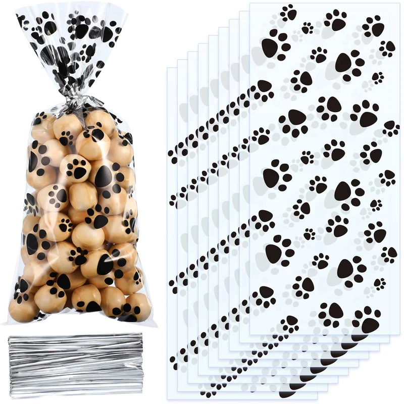 Blulu – 100 sachets friandises chien motif patte, scellage thermique et attaches argentées (noir)