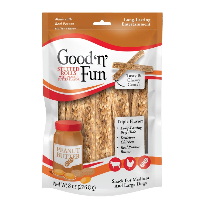 GOOD 'N' FUN Rouleaux Farcis Triples Saveurs – Saveur Beurre d’Arachide, Os de Bœuf pour Chiens