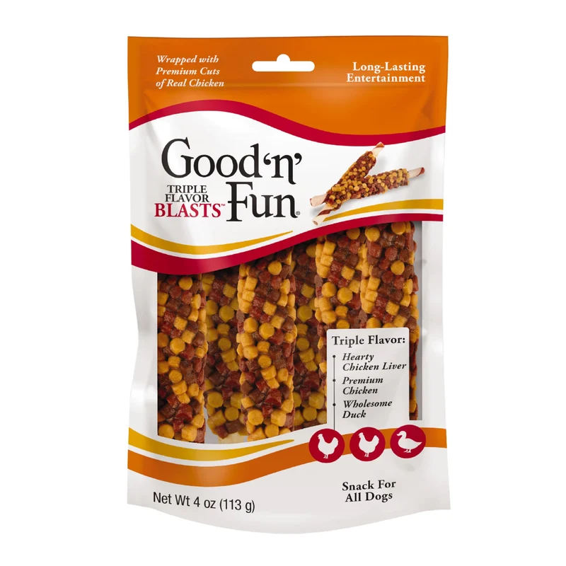 GOOD 'N' FUN Triple Flavor Blasts pour Chiens – Friandises À Mâcher Longue Durée (4 onces) Foie de Poulet, Poulet et Canard