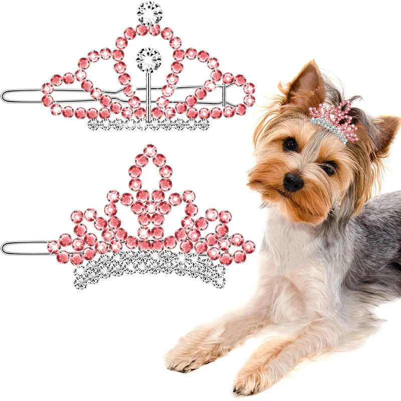 MTLEE Diadèmes Cristal Rose – 2 Clips Diadème pour Chien et Enfant