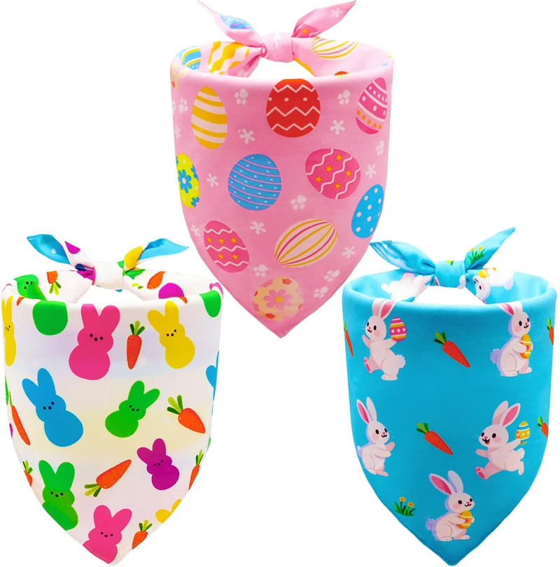 CozyHaus Bandanas de Pâques pour Chien – 3 Pièces Réversibles (Motifs Lapin et Œuf), Tailles 14–18 pouces