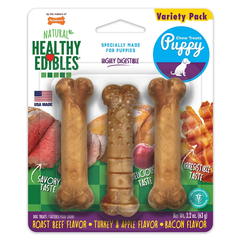 Nylabone Healthy Edibles – Friandises naturelles pour chiots, longue durée – Saveurs Bacon, Boeuf rôti et Dinde & Pomme, X-Small/Petite (3 unités)
