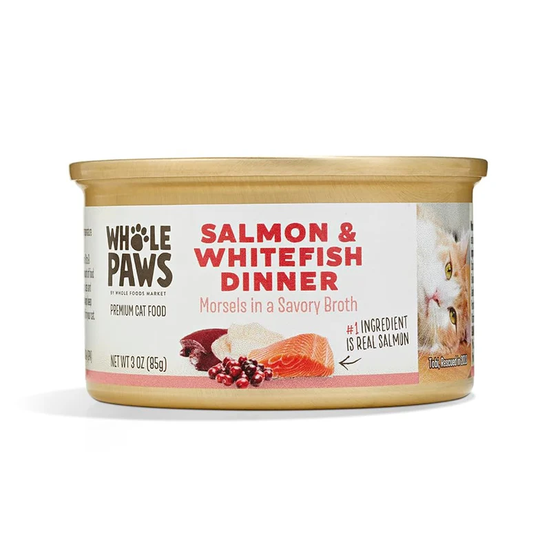 Whole Paws – Aliment Humide pour Chat au Saumon et Poisson Blanc, Bouillon Savoureux, 85 g