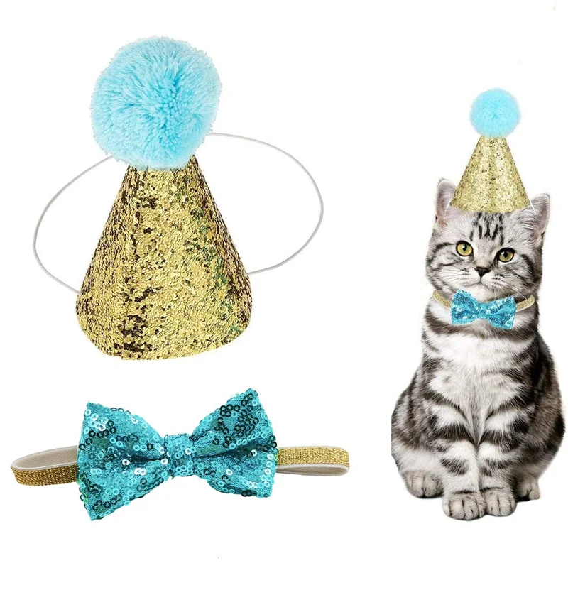 Arogheiz Chapeau de Noël pour animaux + Nœud papillon scintillant + Collier réglable (01 Bleu clair)