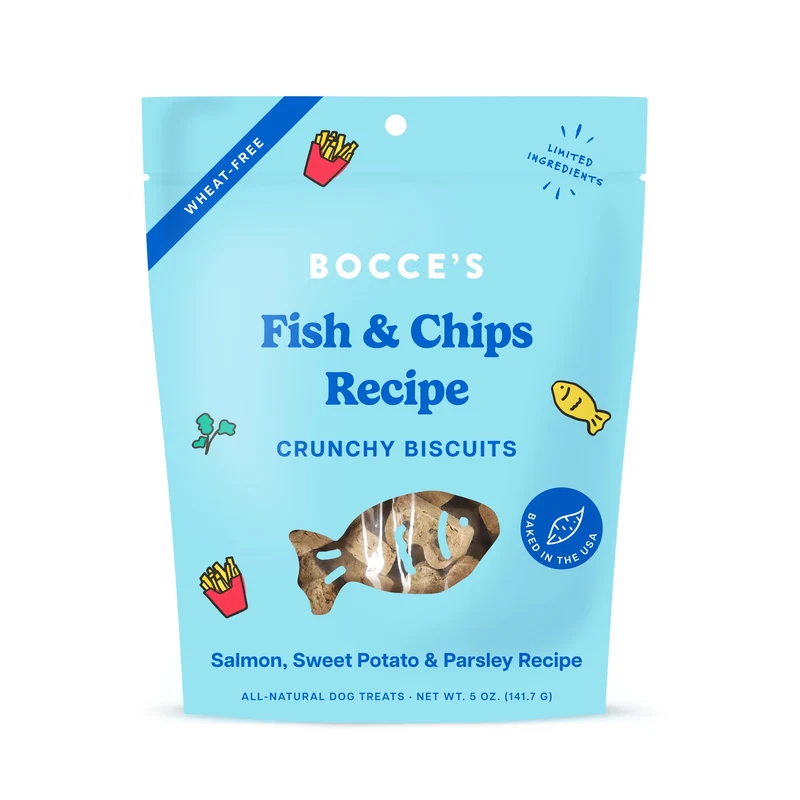 Friandises Poisson et Frites Bocce’s Bakery pour Chiens – Édition Sans Céréales, Saumon et Patate Douce, 5 onces
