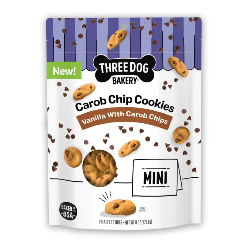 Three Dog Bakery – Mini Biscuits Caroube pour Chiens, Friandises Croquantes avec Ingrédients Réels, 8 oz