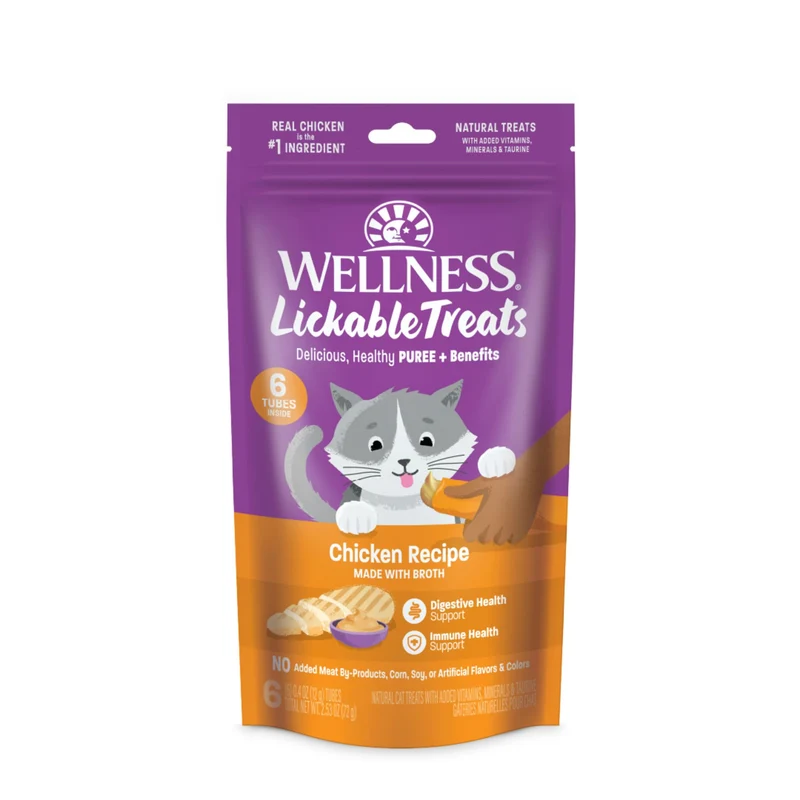 Wellness Lickable Treats Purée au Poulet sans céréales pour Chat Adulte – 6 tubes souples