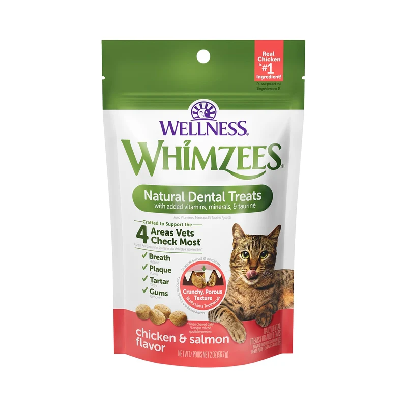 Whimzees Chat – Friandises dentaires, haleine fraîche, saveur poulet et saumon, sachet 2 oz
