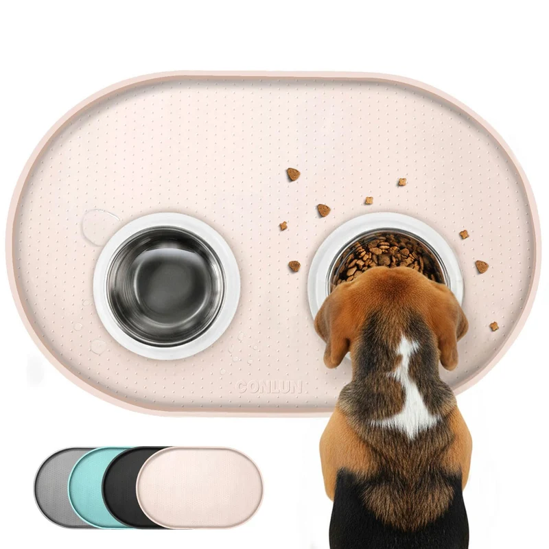 Conlun Tapis Nourriture pour Animaux – Bordures Élevées, Silicone Sans BPA, Anti-Déversement, Taupe Naturel, 48 x 30 cm