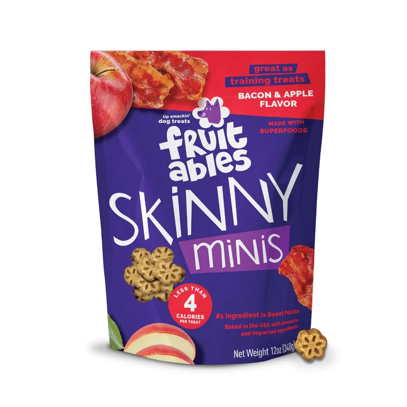 Fruitables Skinny Minis – Friandises faibles calories pour chiens saveur bacon et pomme (340 g) – Sans blé, sans maïs ni soja – Fabriqué aux États‑Unis