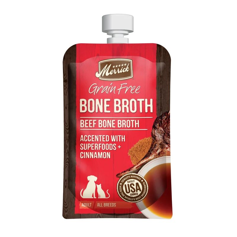 Merrick Bouillon d’Os Bœuf Sans Céréales – Toppers Humains pour Chiens et Chats, Poche 7 oz