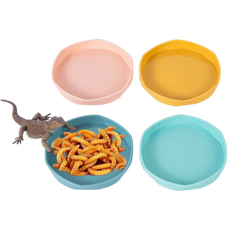COMSUN 4 Pack Petit Bol Nourriture et Eau pour Reptiles – Plastique, 10 x 10 x 1,3 cm, Bleu et Jaune
