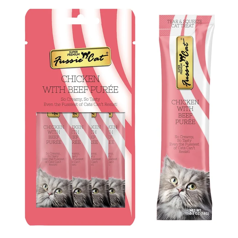 Fussie Cat Purée Poulet et Boeuf – Friandises à Lècher pour Chat, Pack de 4 sachets de 0,5 oz