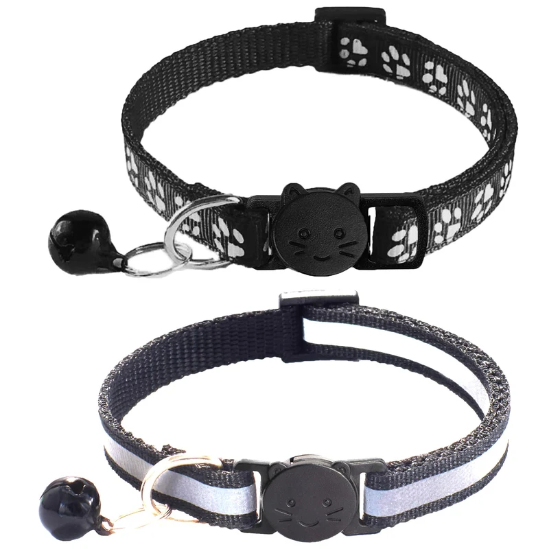zulinlong Lot de 2 colliers pour chat – sécurité à libération rapide, cloche amovible, design réfléchissant et empreinte de patte, réglables 19–32 cm (Noir)