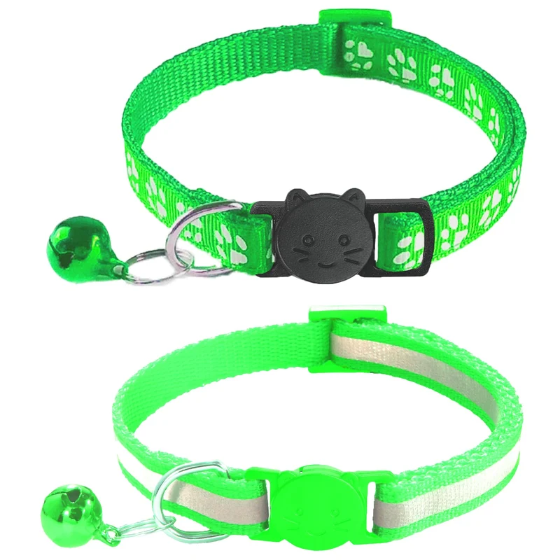 Zulinlong – 2 colliers pour chat Breakaway avec clochette, design réfléchissant et empreinte de patte – Ajustables 7,5 à 12,5 pouces (Vert)