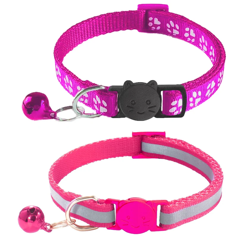 Lot de 2 colliers pour chat à ouverture rapide – Cloche, design réfléchissant et empreinte de patte – Boucle de sécurité pour chatons, réglables de 19 à 32 cm (Rose)