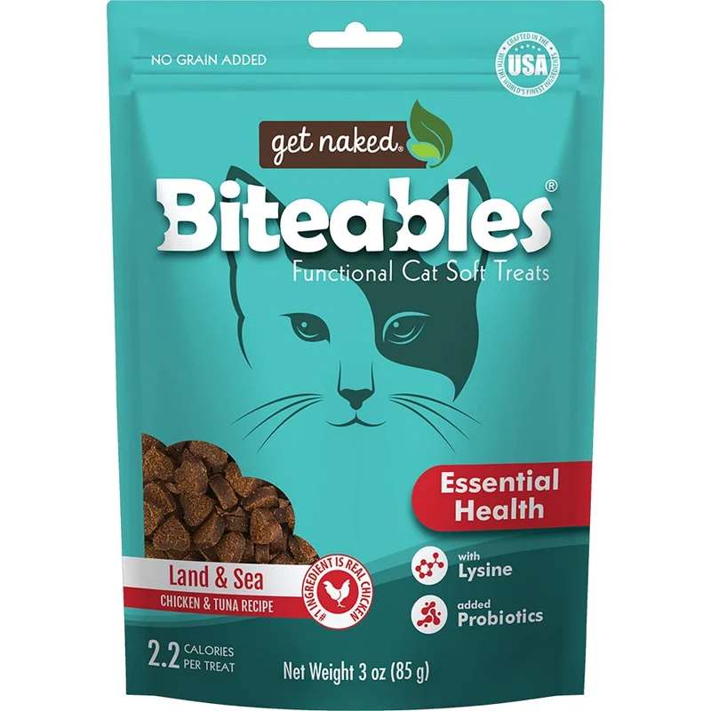 Get Naked Biteables – Friandises molles naturelles pour chats, Santé Essentielle, Recette Terre et Mer, 3 oz