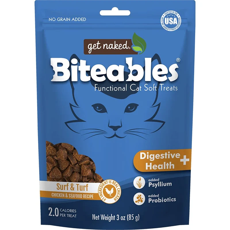 Get Naked Biteables – Friandises Naturelles Souples pour Chats, Santé Digestive + Surf & Turf, 3 oz