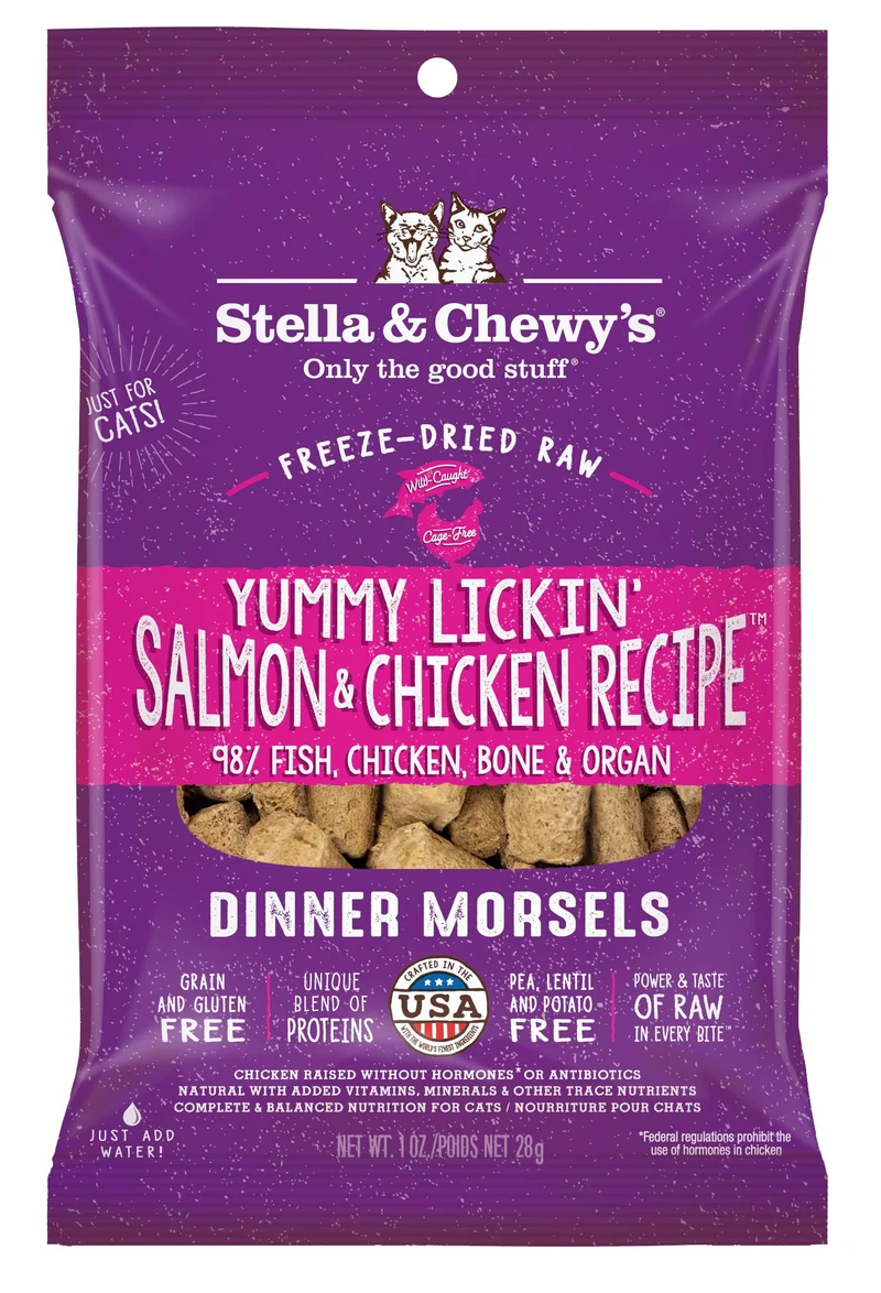 Stella & Chewy's – Morceaux lyophilisés pour chat – Dîner saumon sauvage & poulet élevé en liberté, 98% protéines – Sans céréales – Fabriqué aux États-Unis – 1 oz