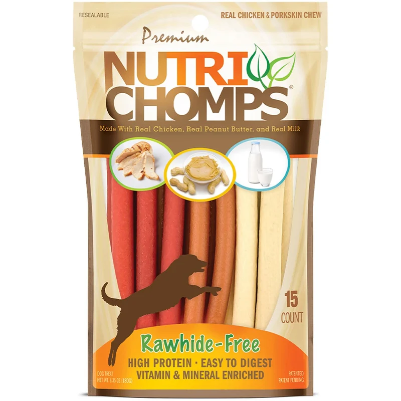 Nutri Chomps: Friandises pour chien – torsades 5 pouces, sans cuir, saveurs poulet-beurre-arachide-lait, 15 pièces