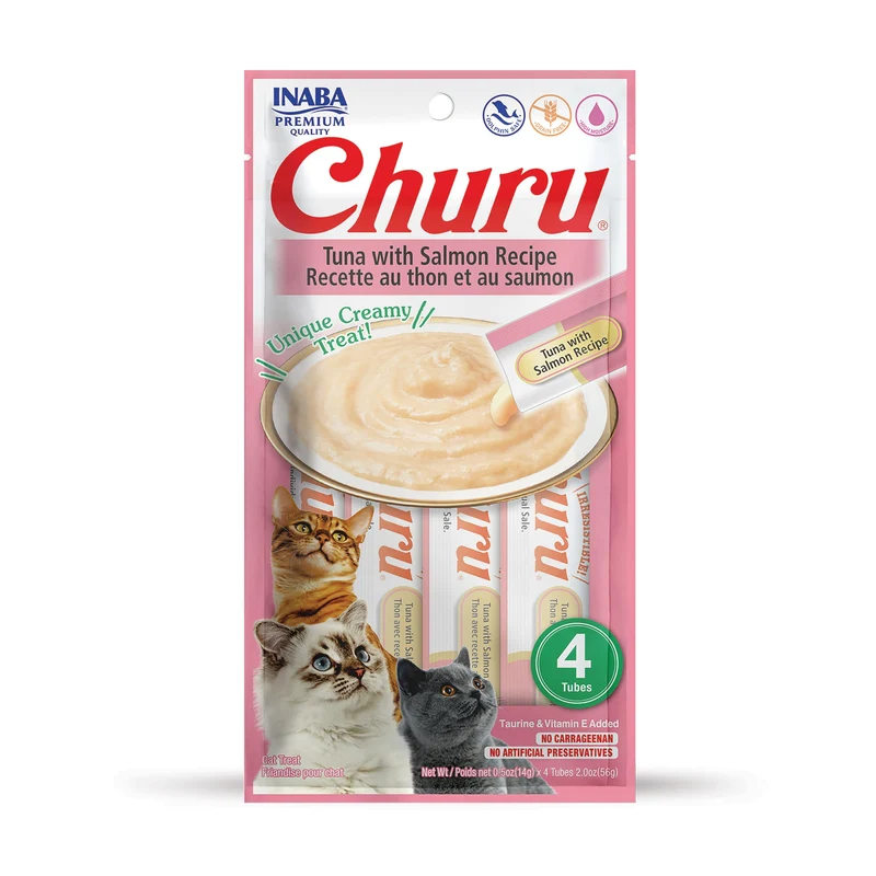 INABA Churu Purée Crèmeuse pour Chat — Sans Céréales, Thon et Saumon, Vitamine E & Taurine, 4 Tubes