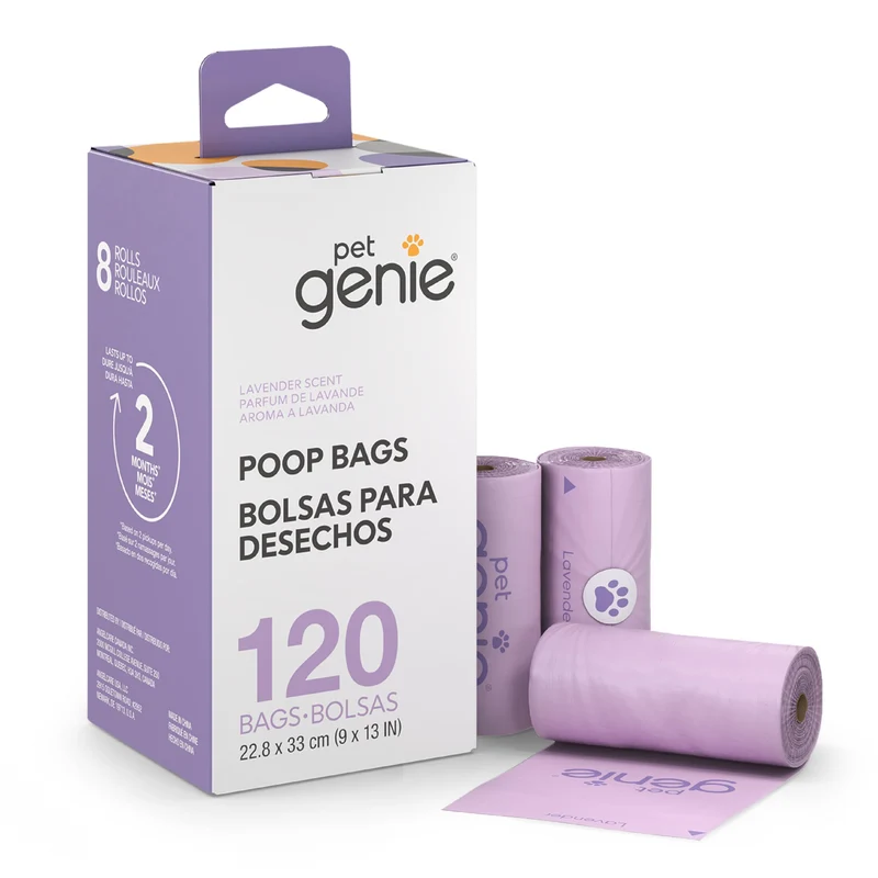 Pet Genie Sacs-poubelle pour chien Lavande – Extra forts & Étanches, 8 rouleaux (120 sacs)