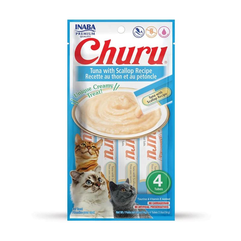INABA Churu – friandise chat en purée sans céréales, thon et pétoncle, tube crèmeux 14 g, 4 tubes