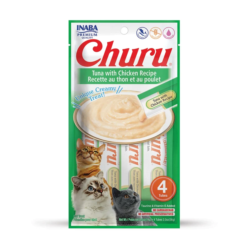 INABA Churu Purée Crème Sans Céréales – Friandises pour Chats Thon et Poulet, 4 Tubes de 0,5 oz