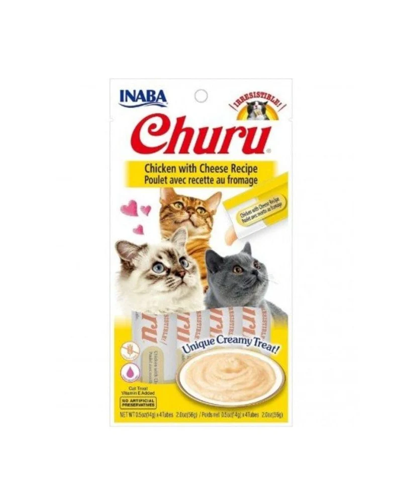 INABA Churu Chat – Friandise Crème Lickable Sans Céréales, Poulet et Fromage, Tube de 14 g, Lot de 4