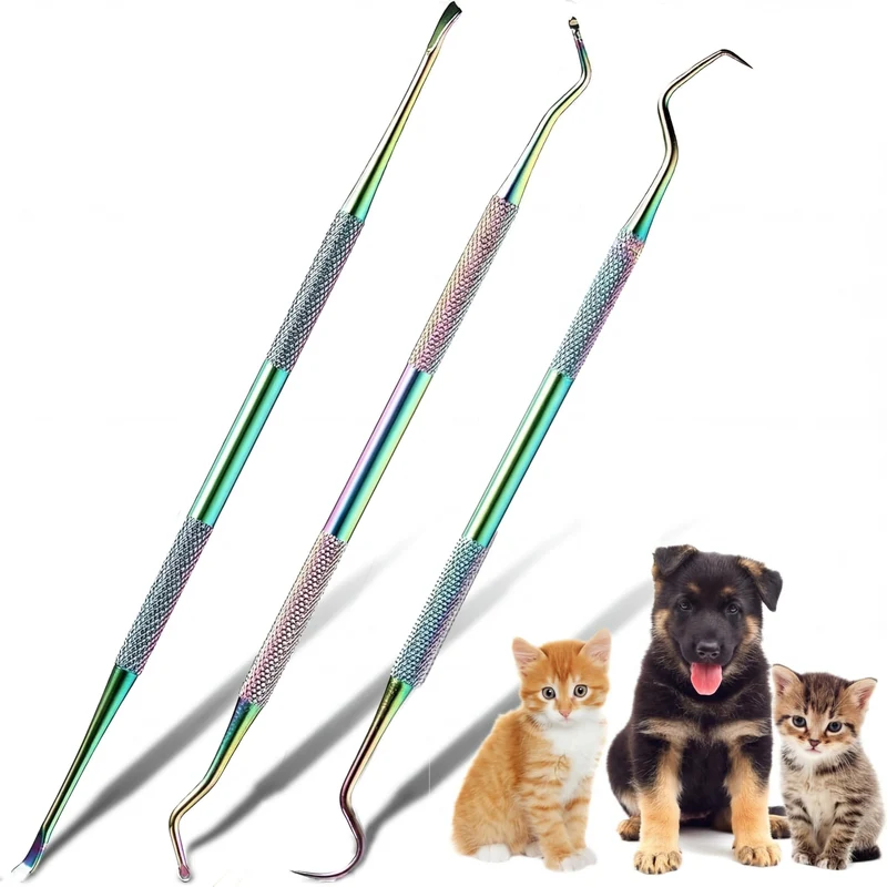 Hotop – Lot de 3 outils dentaires pour chiens et chats (double tête, inox, coloris arc-en-ciel)