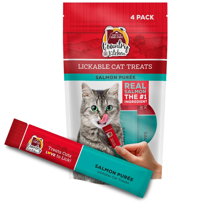 Country Kitchen Purée Saumon – Friandises purée à lécher pour chat, 2 oz (56 g), lot de 4