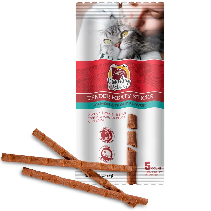 Country Kitchen Bâtonnets Tendres Saumon & Truite pour Chat – Protéine élevée, 5 × 25 g (0,88 oz chacun)